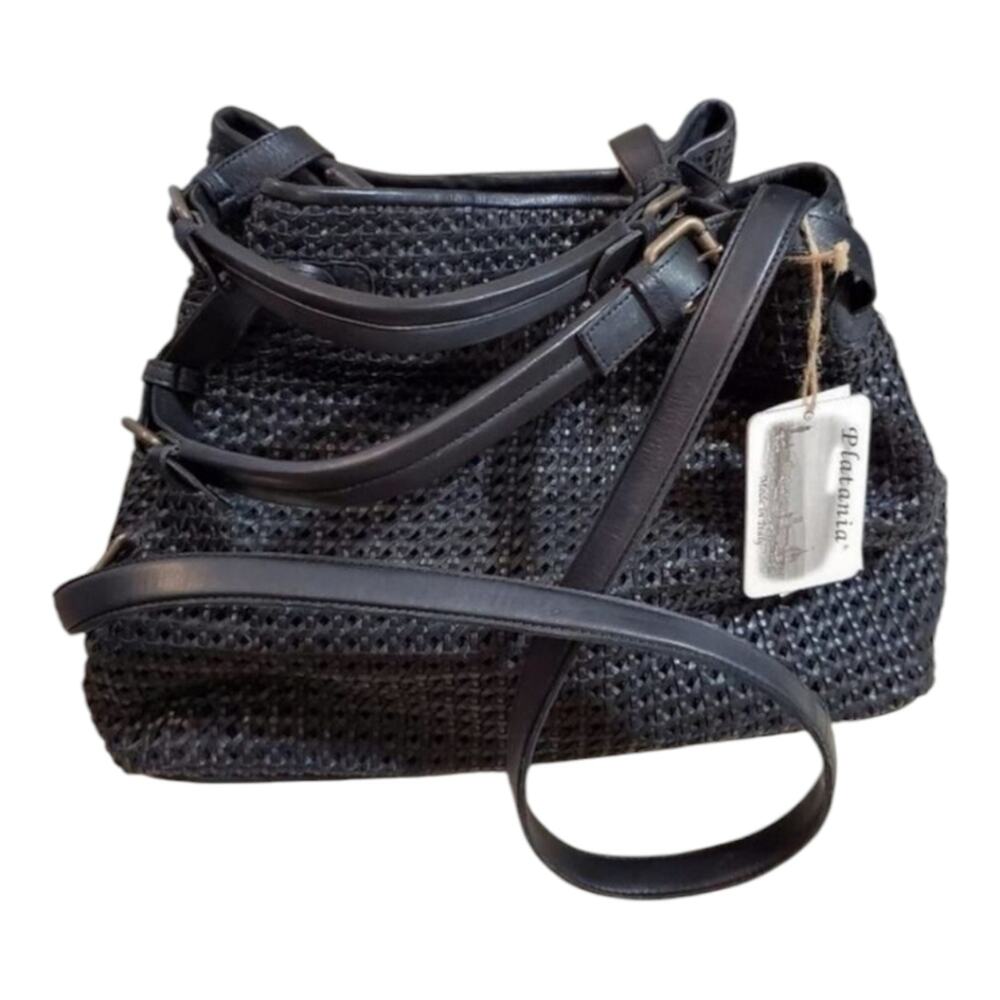 PLATANIA Italian leather black basketweave woven hobo crossbody bag purse New - Picture 4 of 12